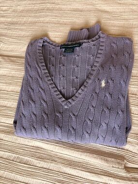 Ralph Lauren Lavender Cable-Knit V-Neck Sweater
